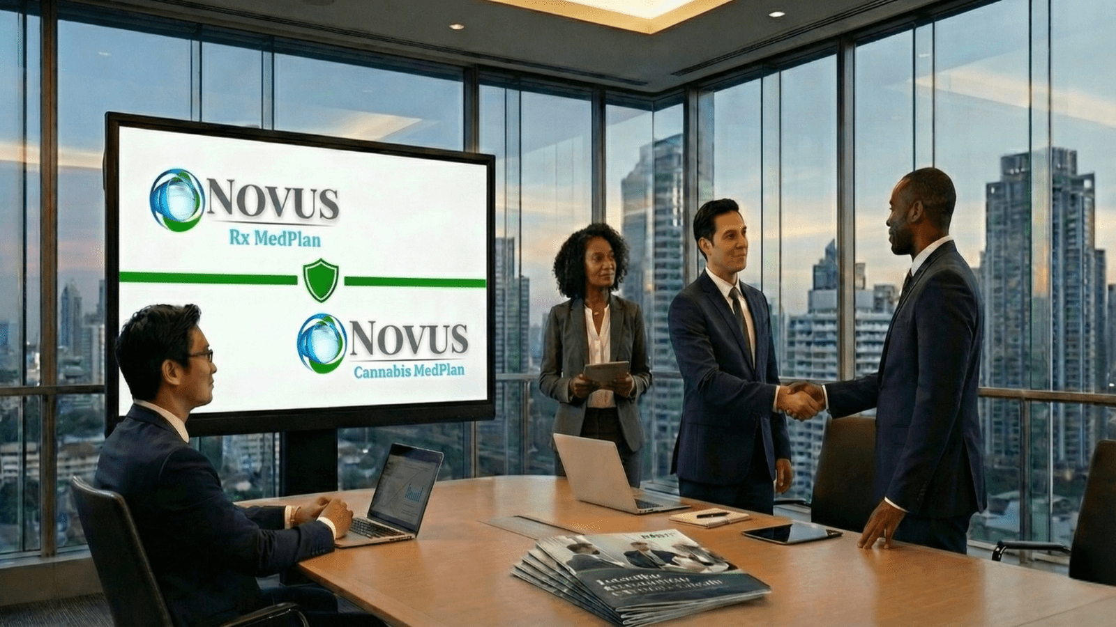 Business meeting in modern office setting.